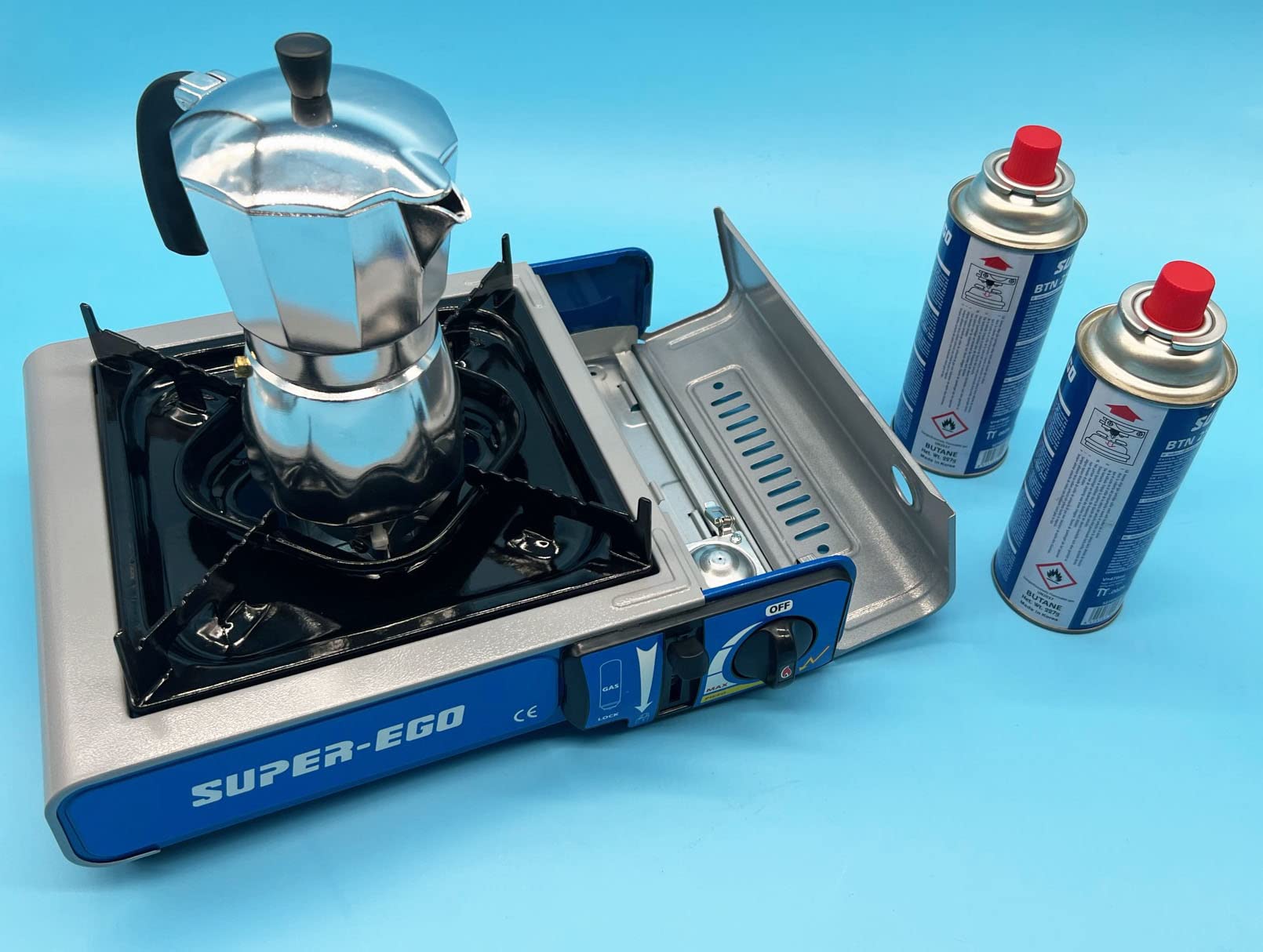 Cocina de Gas Portátil de Primera Marca (Incluye el maletin de Transporte) + Cafetera Metalica (hasta 6 Tazas) + 2 Recambios de Gas 250