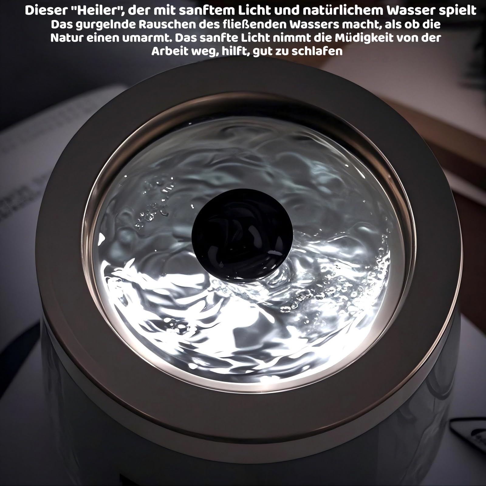 VOREEN Zimmerbrunnen Grau aus Mundgeblasenem Glas – Tischbrunnen mit LED-Licht – Ruhiger Glas-Deko-Brunnen für Wohnzimmer Schlafzimmer Büro H 15cm