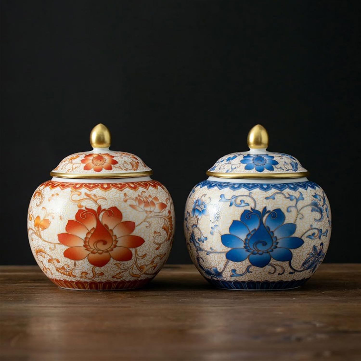 Tea Tin Traditional Hand-painted Enamel Ceramic Tea Canister Household Sealed Storage Jar Empty Ornaments Container(Blue)