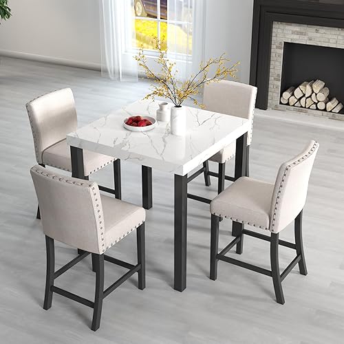 Harper & Bright Designs 5-Piece Square Dining Set with Faux Marble Tabletop,35" W Solid Wood Kitchen Dining Table with 4 Chairs,Space-Saving Dining Table Set for Kitchen and Dining Room,Beige+White