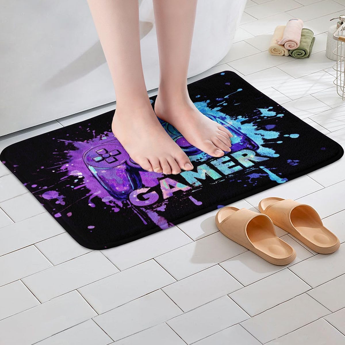 Castle Fairy Game Console Bathroom Rugs,Tie Dye Gaming Non Slip Bath Mats,Video Games Machine Washable Carpet for Bathroom Black Purple Blue Soft and Absorbent Bath Mat,16"x24" image 4