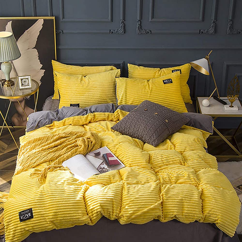 MGEMJMJ Luxury Duvet Cover Set Velvet Flannel,Solid Color Quilt Cover,Striped Comforter CoverSoft Warm Bedding Set(Size:200x230cm(79x91inch),Color:Yellow)