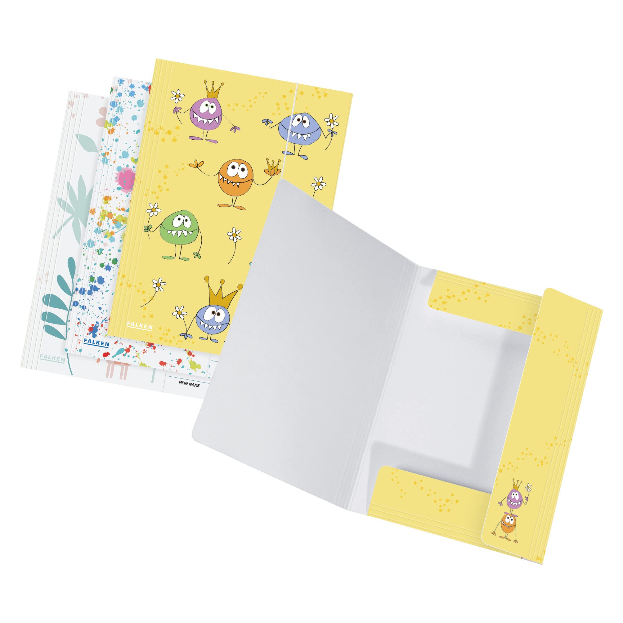 FALKEN Falken - Cartellina originale per bambini, in cartone extra resistente, con 3 alette ed elastico, per motivi DIN A3, colori assortiti