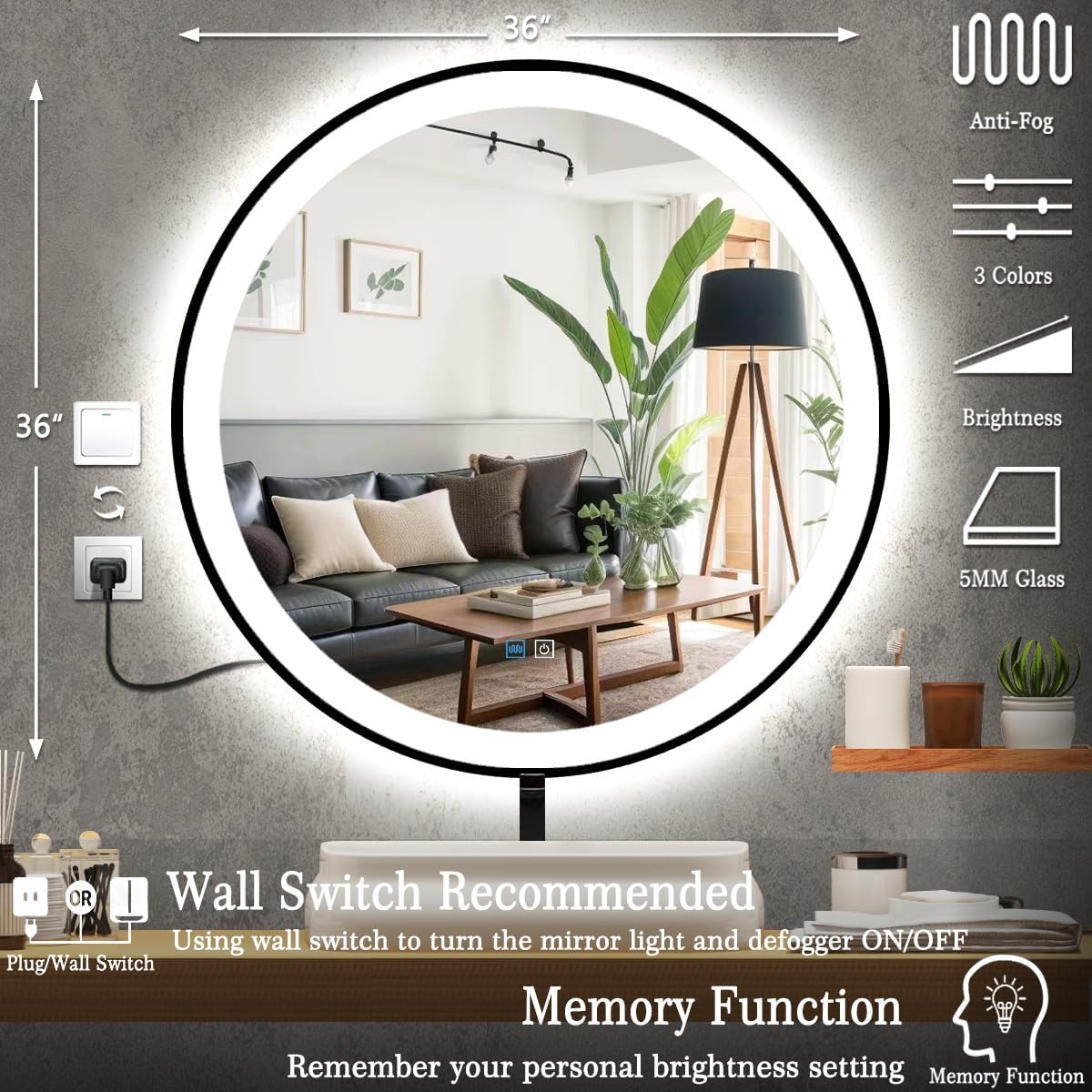 36 Inch Black Frame Round Lighted Mirror for Bathroom Salon Wall Black Round LED Vanity Mirror with Lights 3 Color Adjustable Brightness AntiFog 36" BlackFramed Circle Smart Light up Mirrors