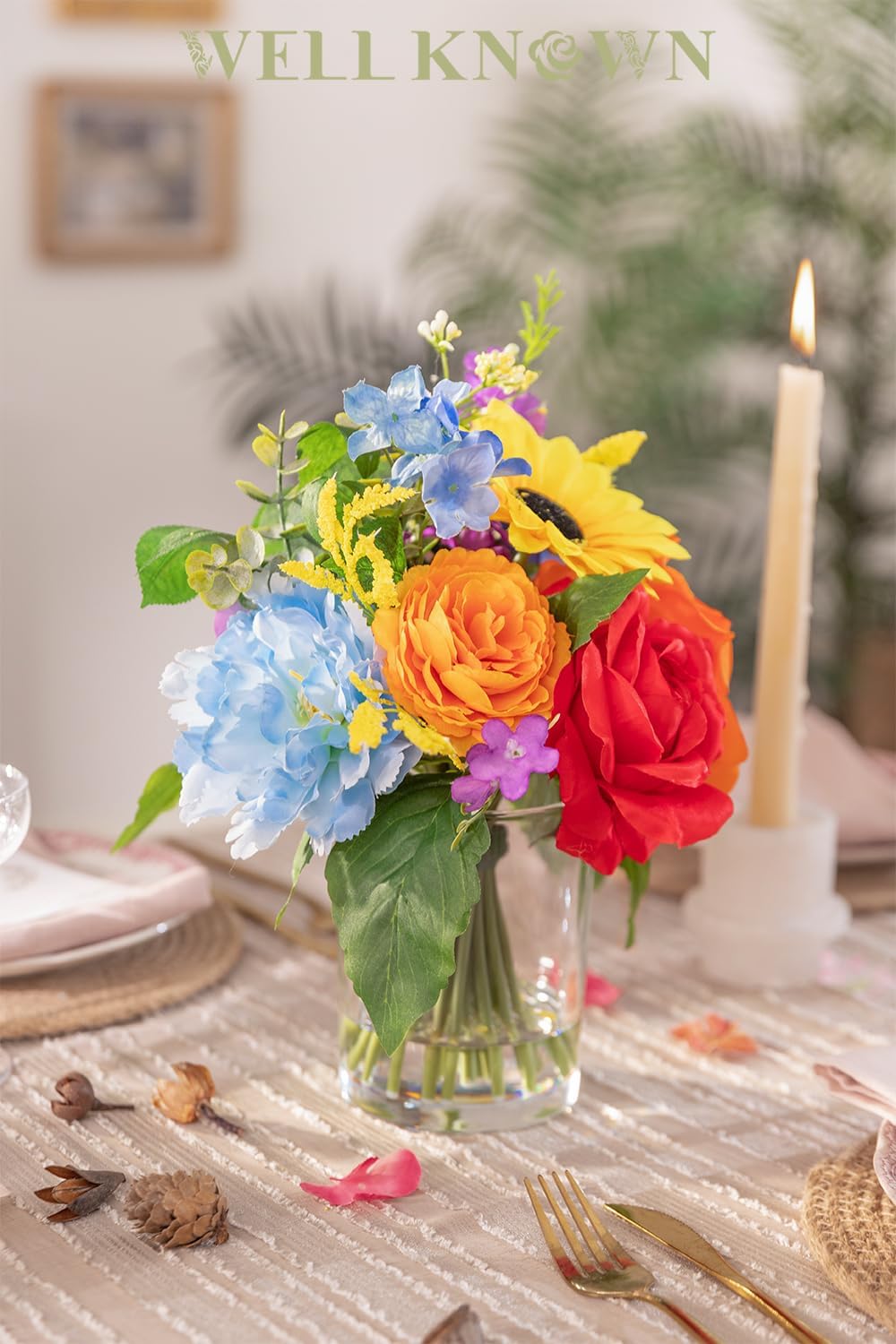 WELL KNOWN Artificial Flowers in Vase with Fake Water, Colorful Spring Flowers Fake Sunflowers Rose Peonies Bouquet for Home Wedding Party Dining Table Baby Shower Decor & Birthday Gift (Rainbow)