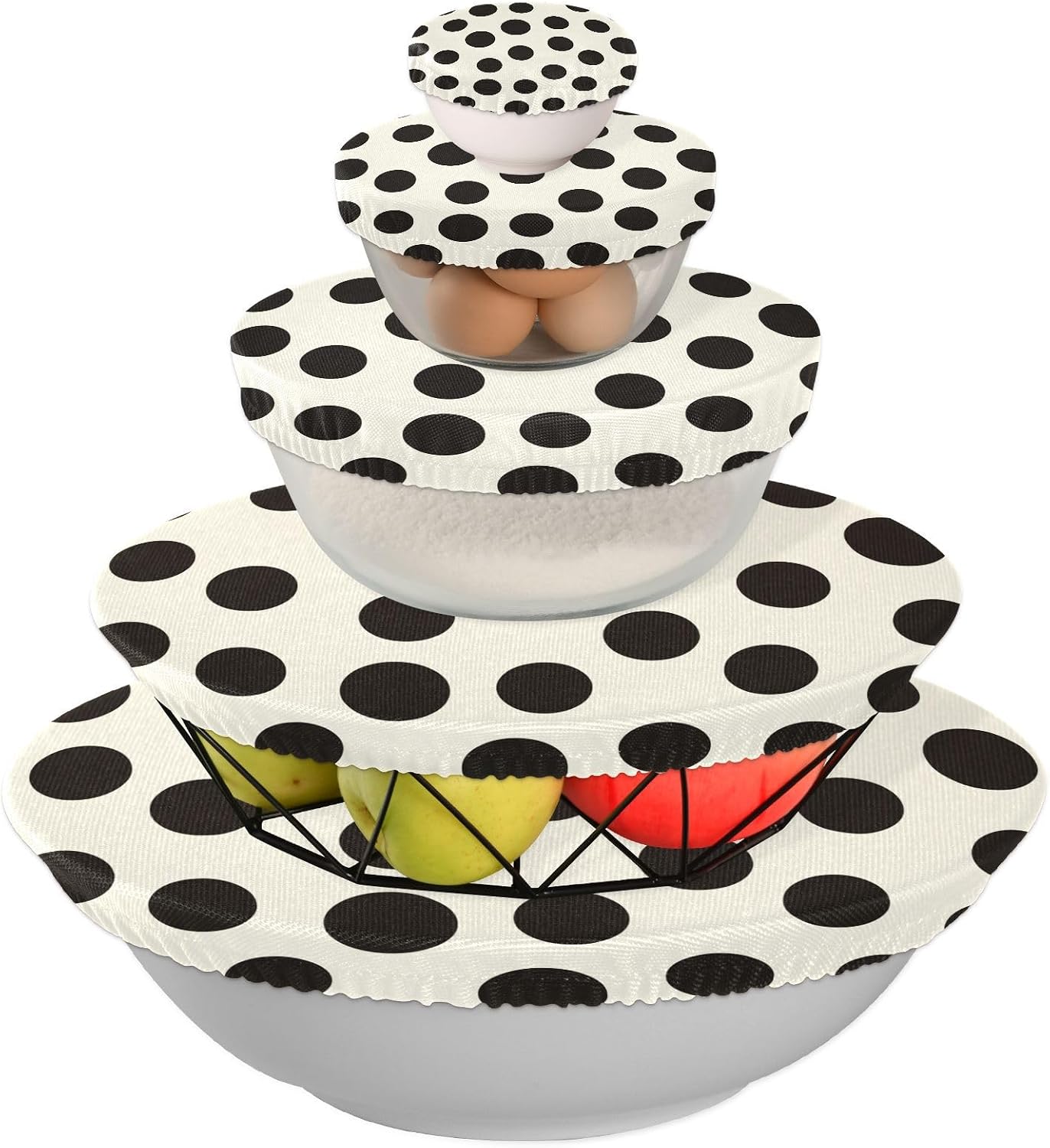 5 Pcs Reusable Bowl Covers Elastic Cloth Fabric Bowl Dish Cover 5 Sizes Food Storage Cover,for Kitchen Fruits Dough Leftovers Bread Proofing Black White Dots image 2