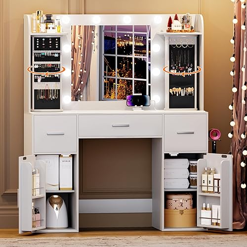 EasyCom Vanity Desk with Rotating Jewelry Organizers, Makeup Vanity with Mirror and Lights, Dressing Table with USB-C Charging Station, 3 Drawers and 2 Cabinets for Bedroom, Dressing Room, White