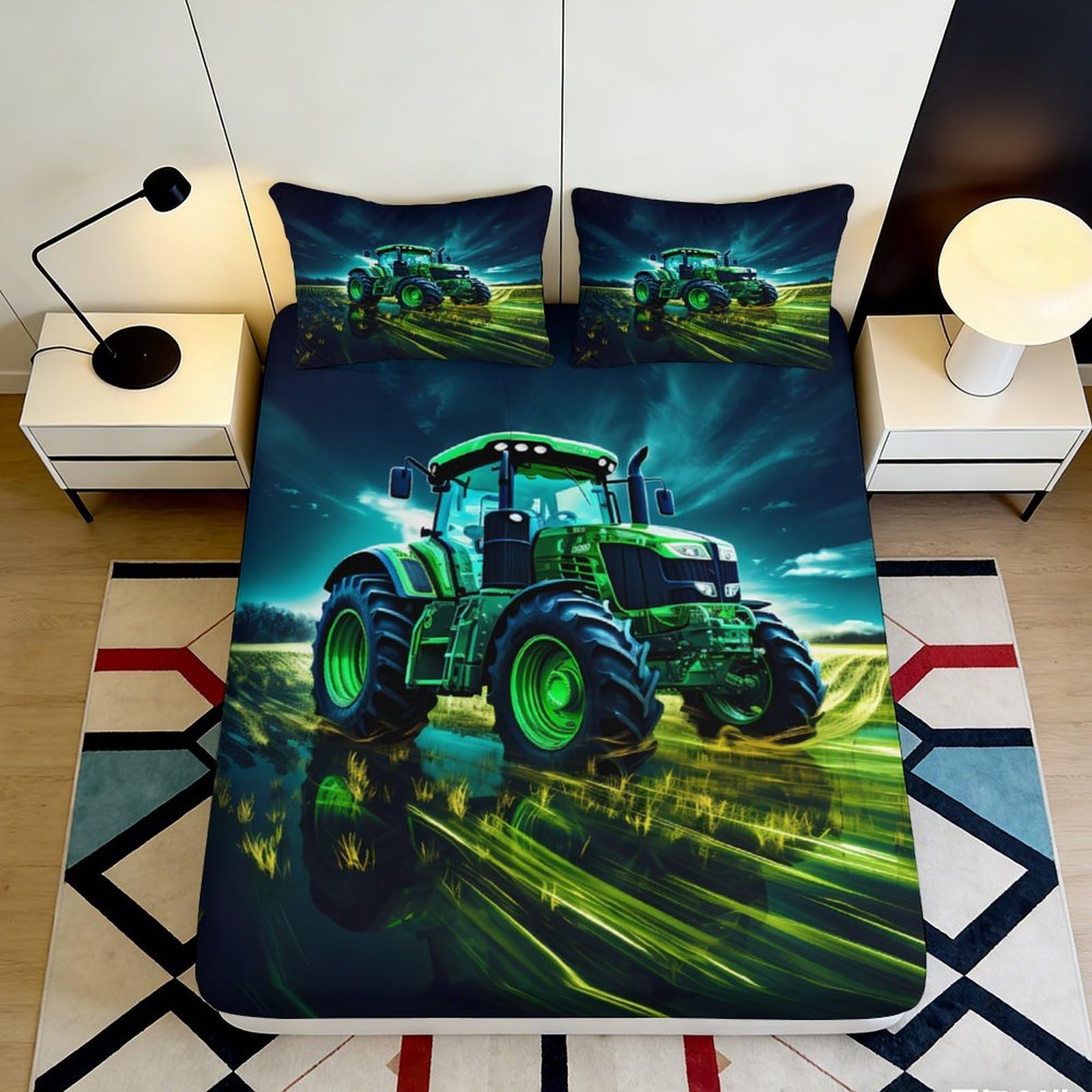 3D Printed Green Tractor Fitted Sheet Microfiber Soft Breathable Farm Field Bed Cover for Bedroom Dorm Decor 90x200x25cm