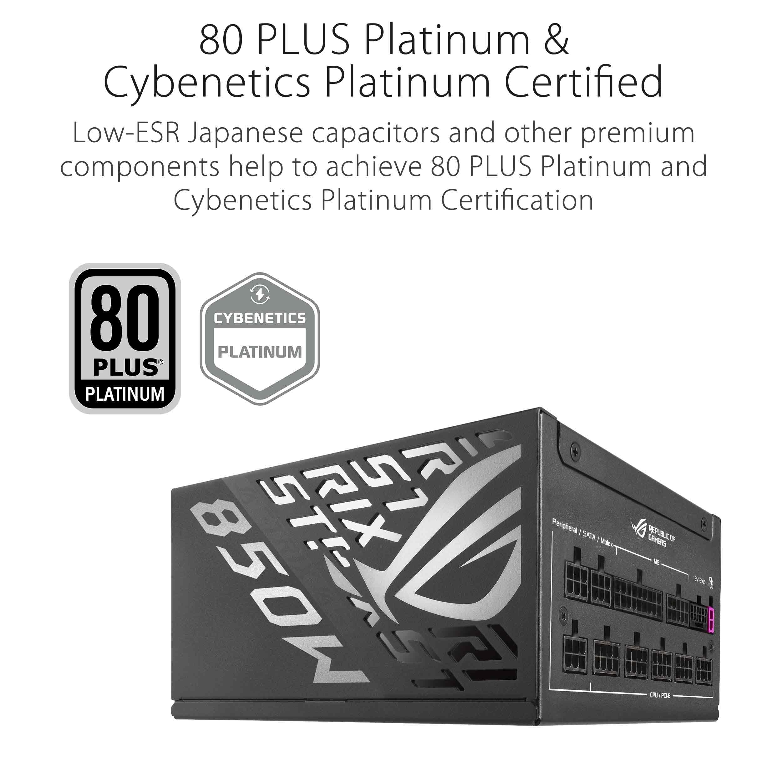 ASUS ROG Strix 850W Platinum - Alimentation PC entièrement modulaire, Certification 80 Plus Platinum, ATX 3.1, GaN MOSFET, Stabilisateur de Tension Intelligent priorité GPU, Garantie 10 Ans | 850 W de puissance, PCIe Gen 5.0, 80 Plus Platinum, standard AT