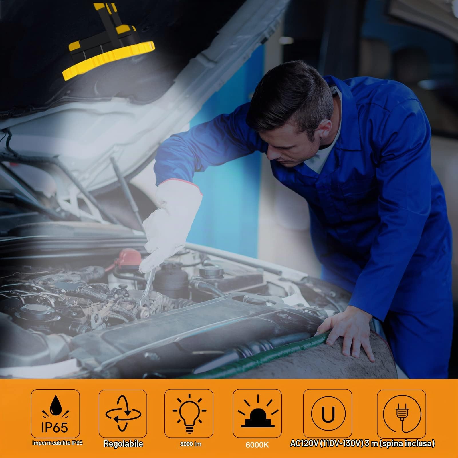 Faretto LED da costruzione, 100 W, 10000 lm, 6500 K, bianco freddo, con spina, IP66, impermeabile, cavo 3 m, per officina, cantiere, garage