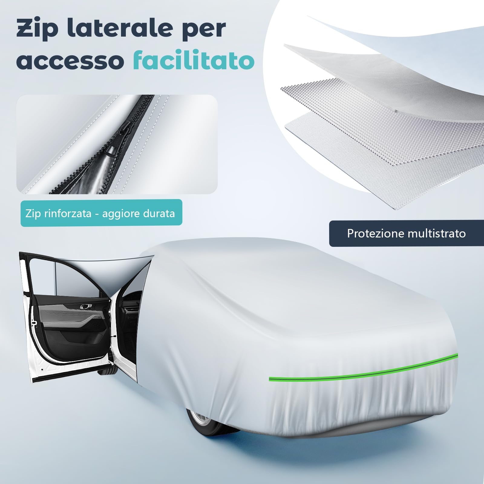 Telo Copriauto Impermeabile Anti UV Anti Vento e Antipolvere con Zip Laterale, Telo per Auto 460x185x160 cm Argento per Mid-size Car (Segmento D)