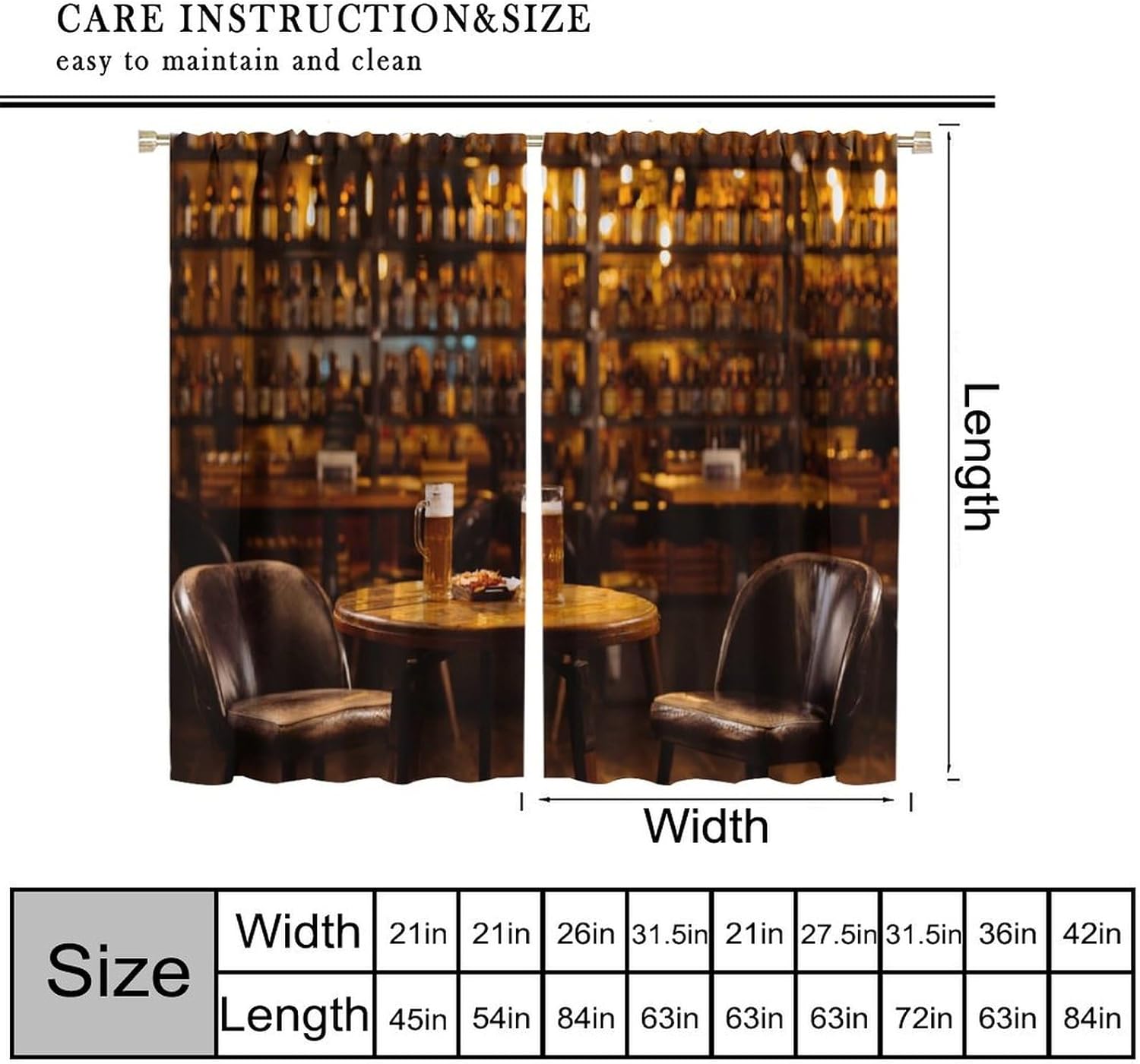 Bar Curtain,Retro Rustic Country Beer on The Table Wine Counter Cloth Farbic Window Treatment Curtains for Bedroom Cafe Dining Room Office Living Room Kitchen Drapes, 42x45 in