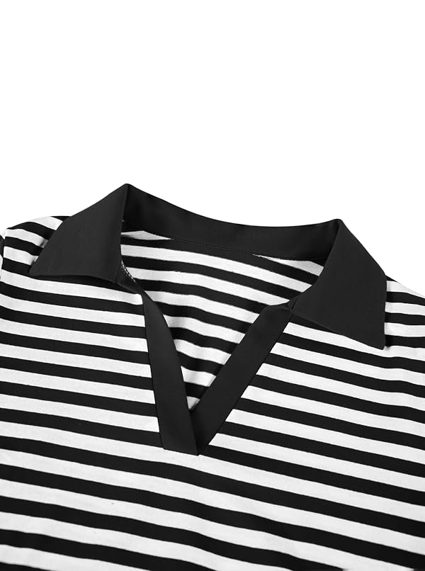 LilyCoco Striped Shirt Women Collared Fitted Short Sleeve Summer Casual T Shirt Black X-Large by LilyCoco - Image 3