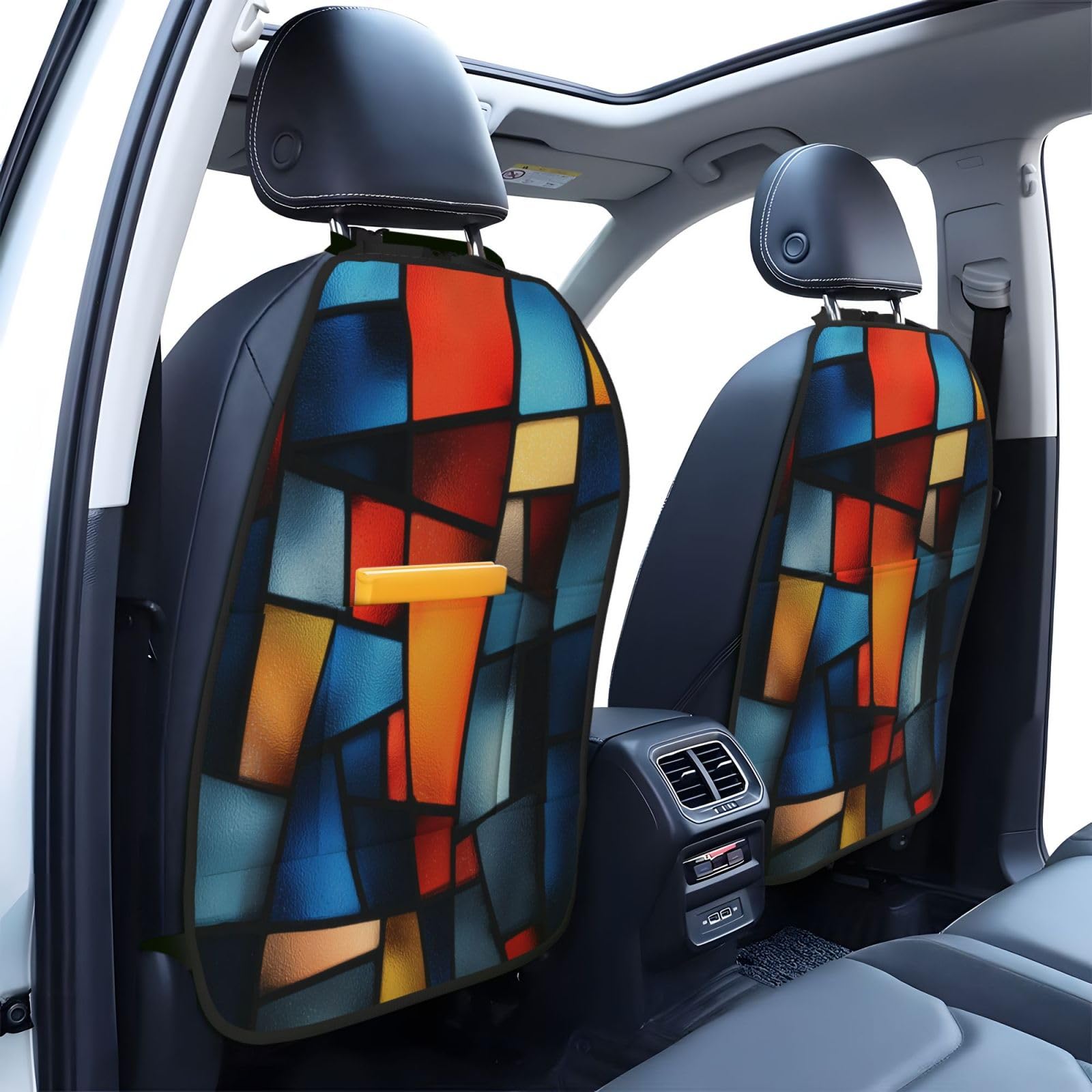 Stained Glass Window Pattern Car Seat Back Kick Protectors,2 Pack Kick Mats with Storage Pockets for Vehicles to Protect from Dirt Mud Scratches