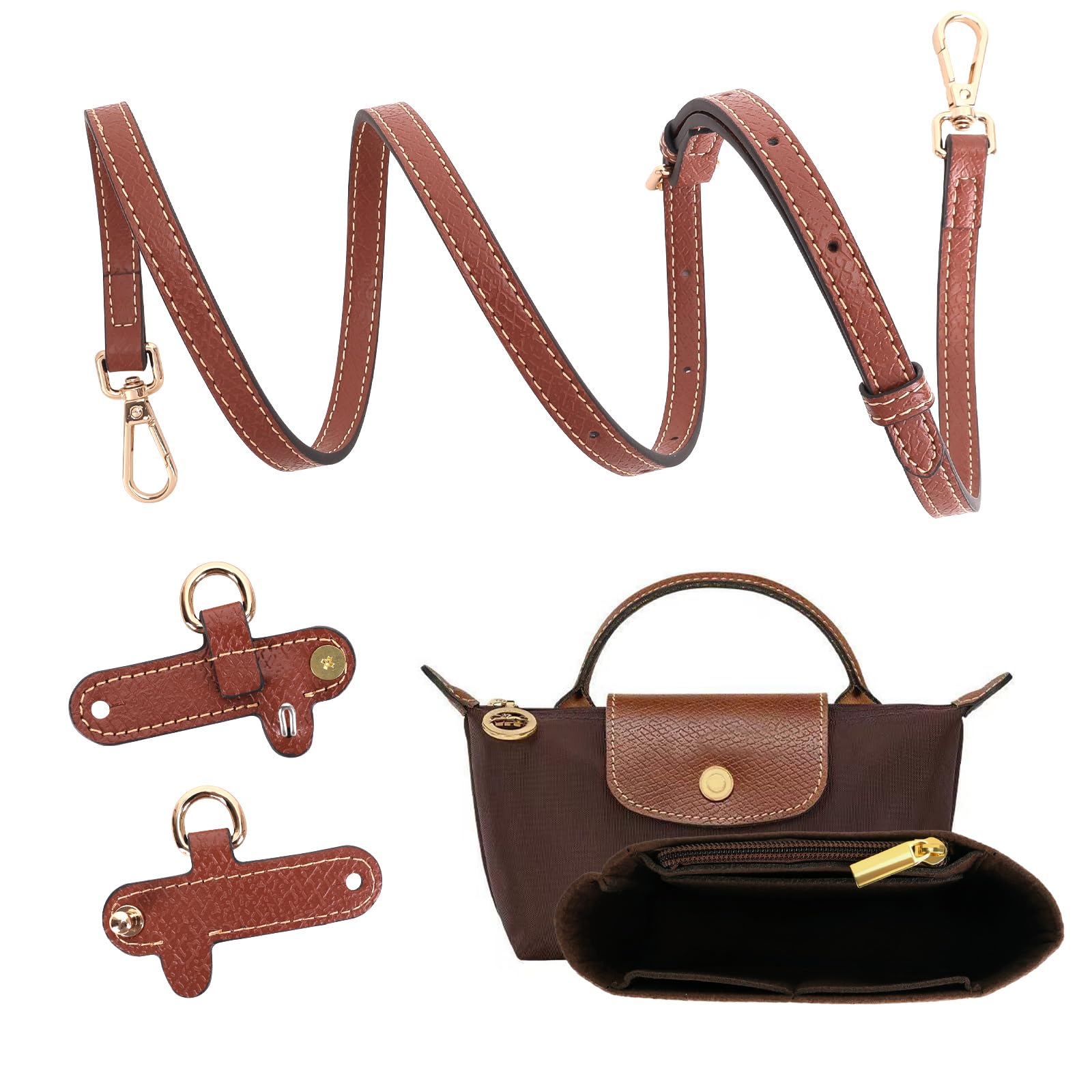 2Sets Shoulder Strap for Longchamp Bag Women, Purse Organizer, No-Punch Length Adjustable Leather Replacement Strap 1.2cm Brown