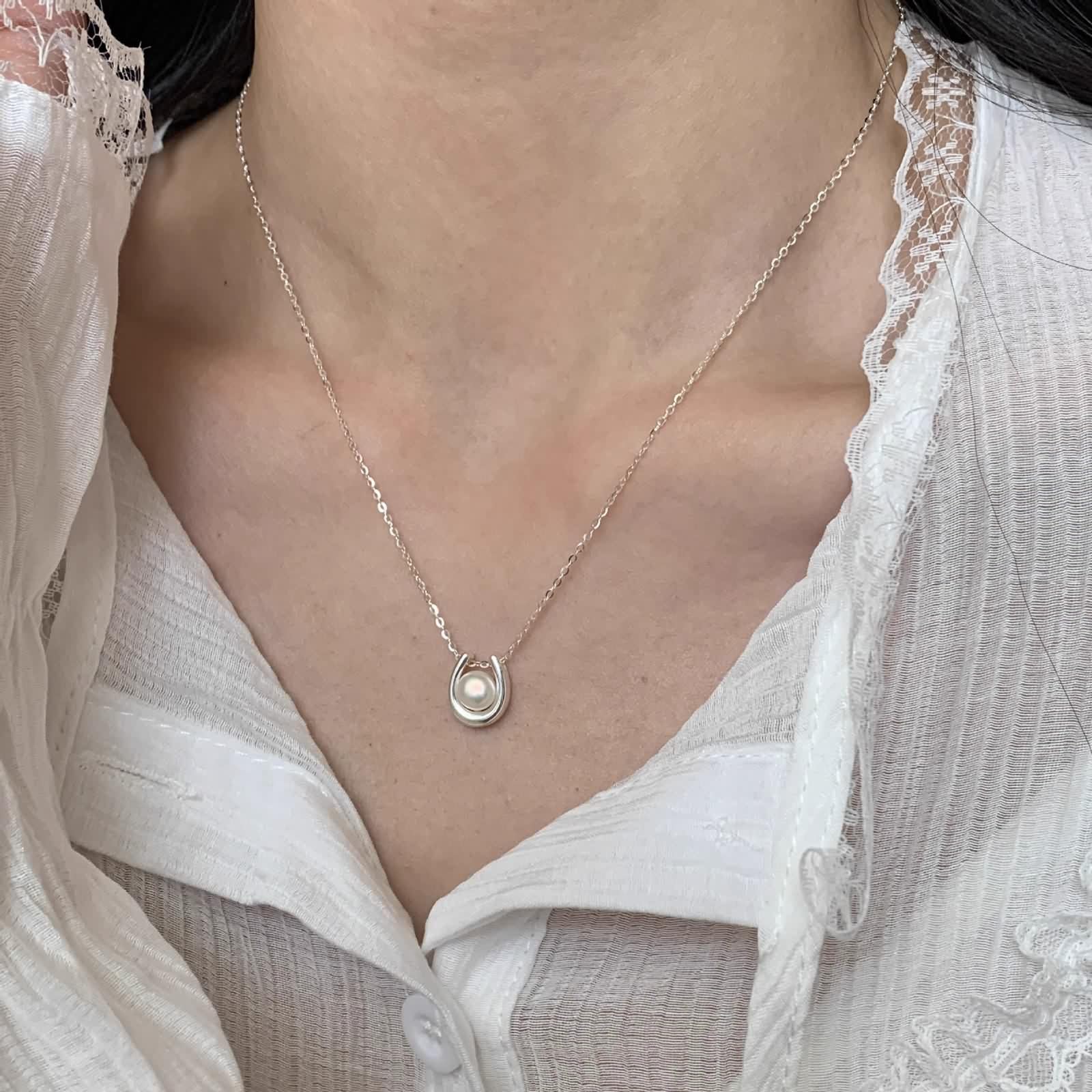 Perlen Halskette Damen, Halskette Anhänger Kette Echtschmuck 9K/14K/18K Weißgold U-Förmige Perlen 40+5cm Lang