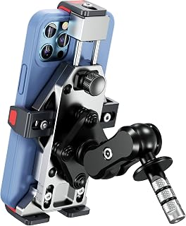 BRCOVAN Anti-Theft Aluminum Alloy Motorcycle Fork Stem Phone Mount with Vibration Dampener & High-Speed Secure Lock, One-Push Automatically Lock Metal Cell Phone Holder for 4.7''-7.2'' Smartphone