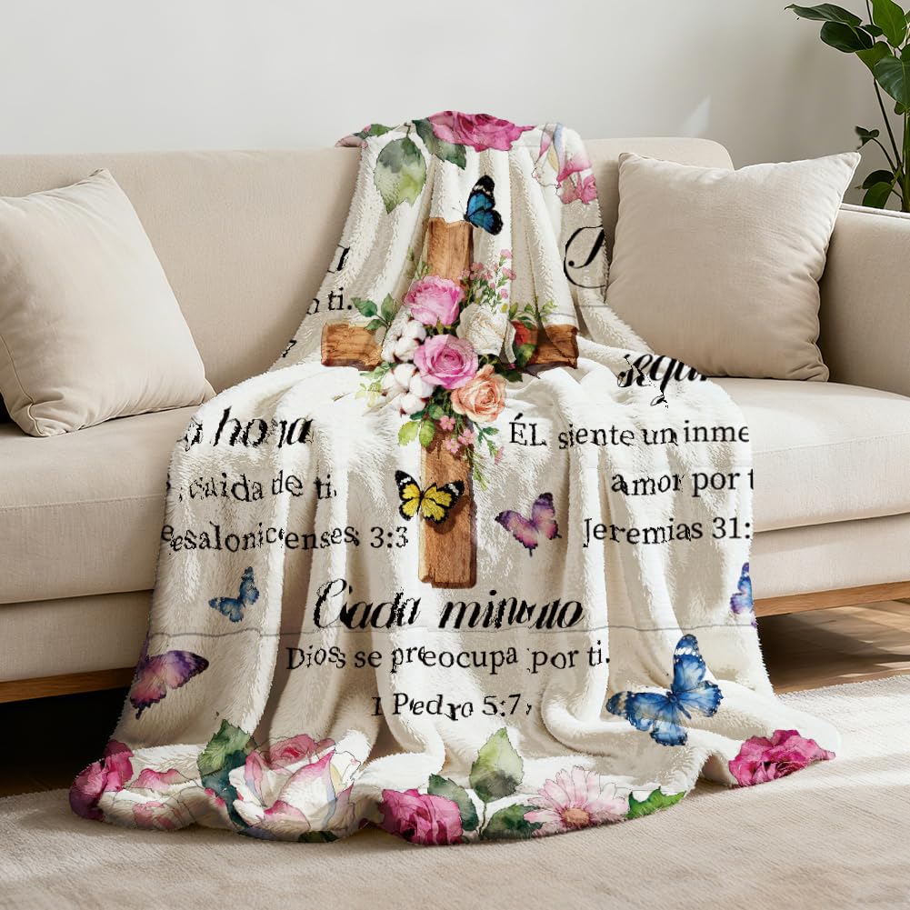 GLOBLELAND Cross Bible Text Throw Blanket 59x51 inch Roses Butterflies