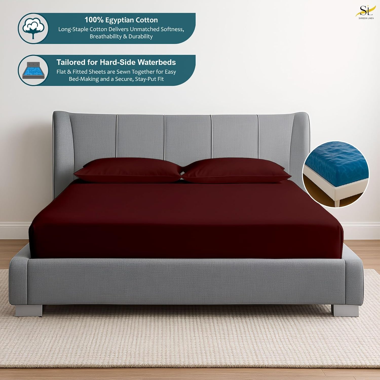 Shreem Linen King Waterbed Sheets, 4-Piece 100% Egyptian Cotton Attached Sheet Set with 15" Deep Pocket, Soft & Breathable Bedsheets for Water Beds, Burgundy Solid