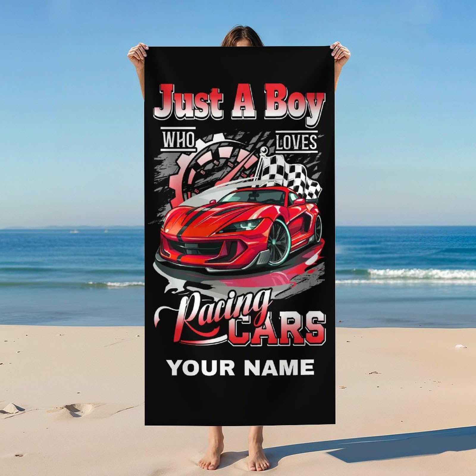 Homexzdiy Custom Beach Towels for Kids, Personalized Lightweight Quick Dry Racing Car Towels for Boys Teens, 60x30 Inch Cool Sandless Beach Essentials
