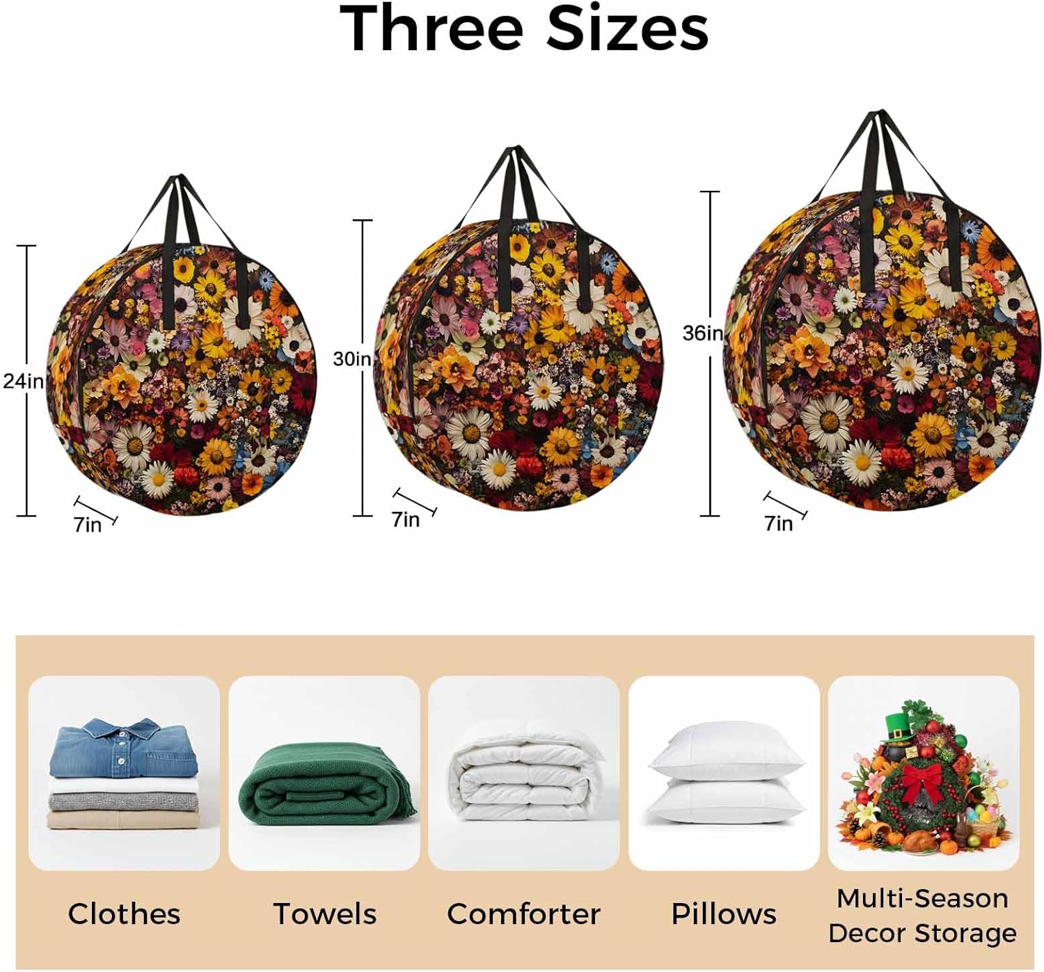 Retro Spring Flowers Round Storage Bag 36 Inch, Pastoral Floral Clothes Storage Container with Handles Heavy Duty Organizer for Comforter, Bedding & Holiday Wreaths