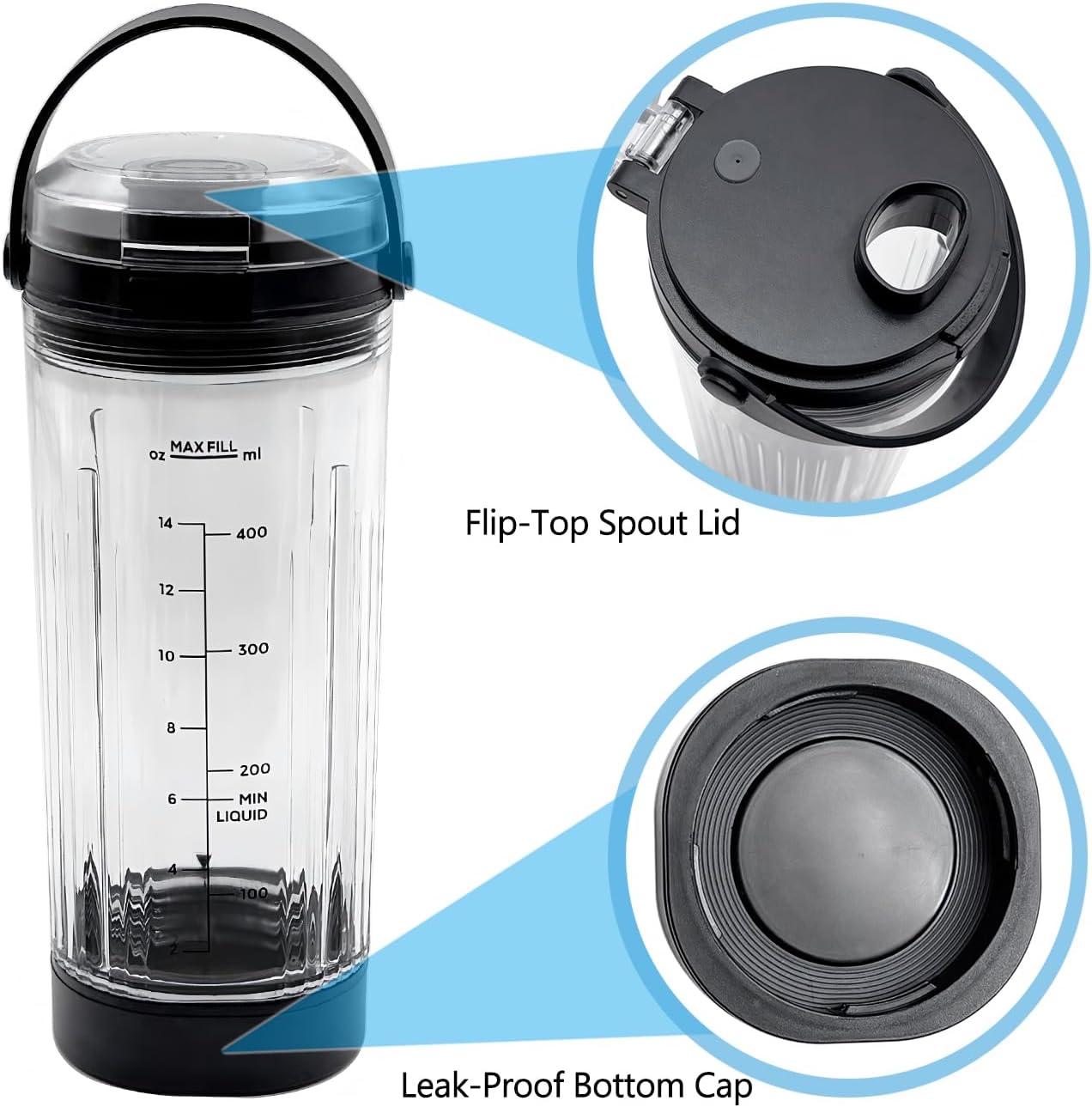 3 Pieces Blender Replacement Parts for Ninja Blast BC151 BC100 CL155 Series, 18oz Blending Vessel Cup with Sip Lid & Bottom Cap Compatible with Ninja Blast Portable Personal Blender