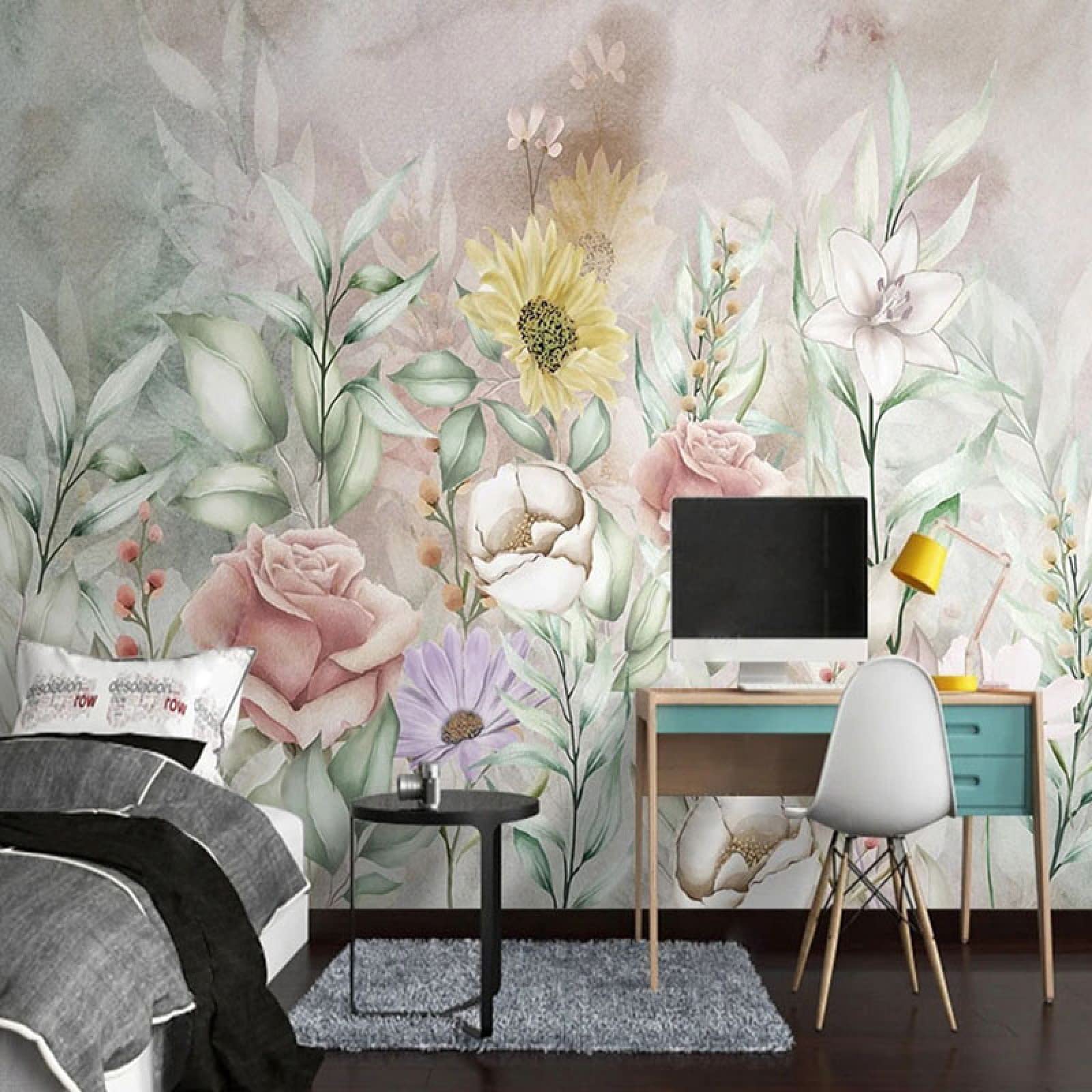Papier peint 3D fleurs rétro pastoral aquarelle 250x175cm pour fond TV et salon