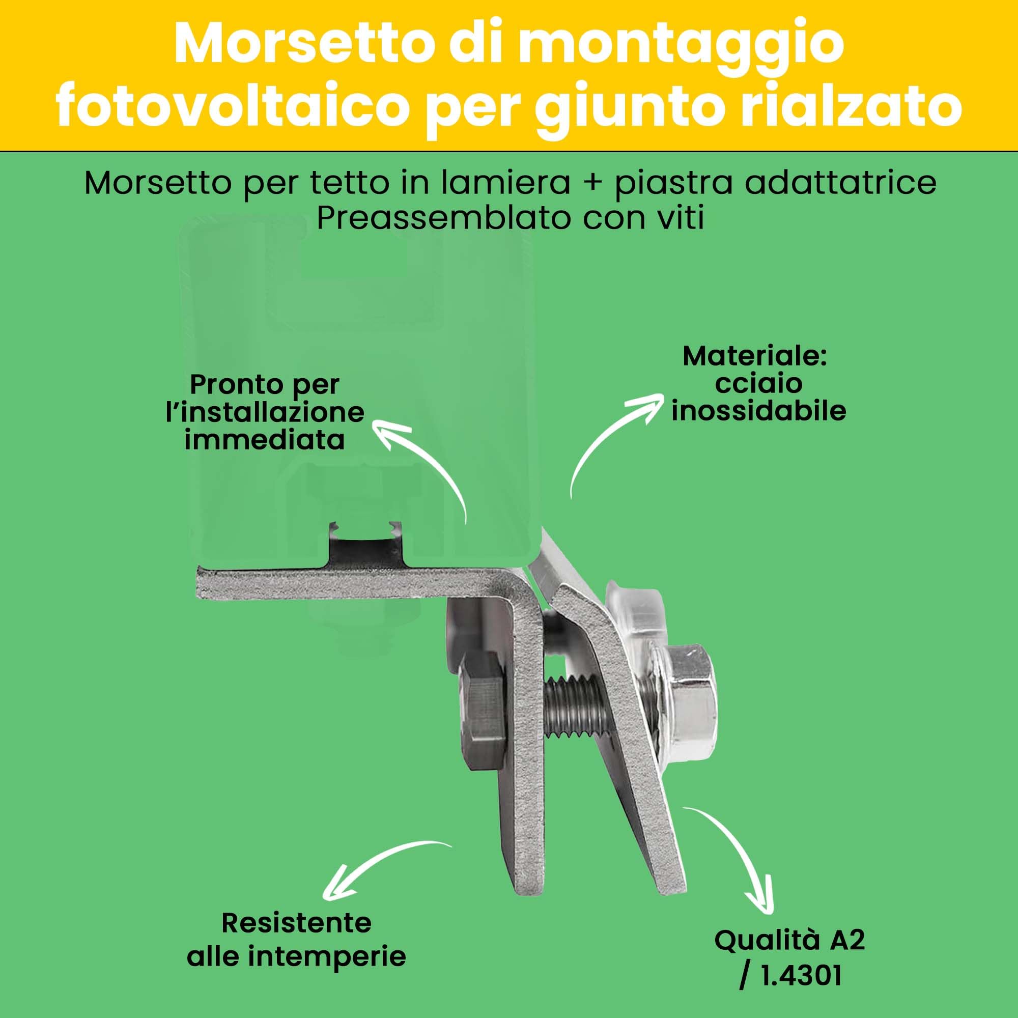 Offgridtec morsetto PV per tetto aggraffato con piastra adattatrice, morsetto preassemblato inox A2, serraggio 3,5 mm, spessore 3 mm, resistente a corrosione e intemperie, 100x40x40 mm (10 pz)