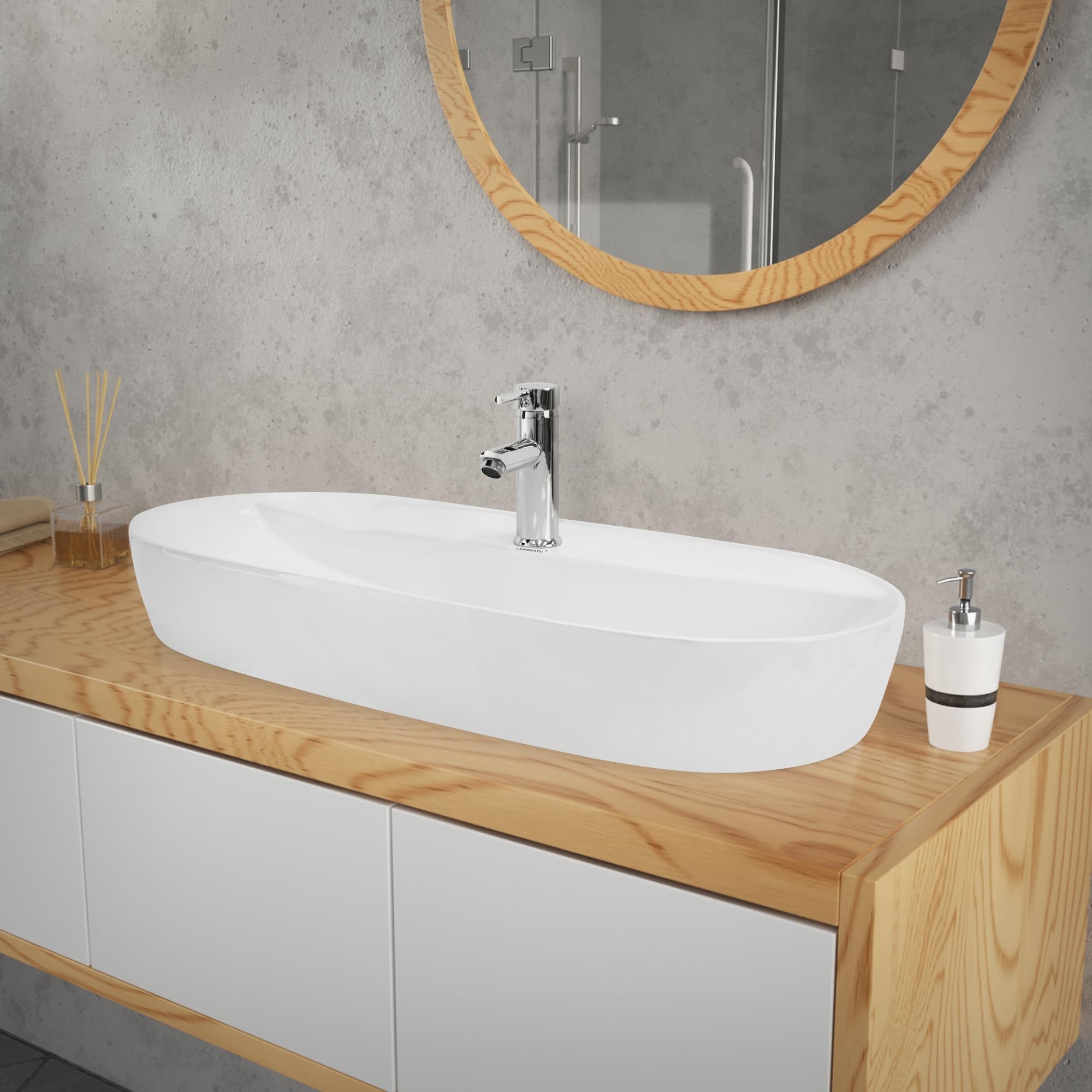 LuxeBath Waschbecken Keramik 800x400x120 mm oval Weiß mit Ablaufgarnitur Silber, Aufsatzwaschbecken für Badezimmer/Gäste-WC, Modernes Aufsatzbecken, Waschtisch Waschschale Waschplatz Handwaschbecken