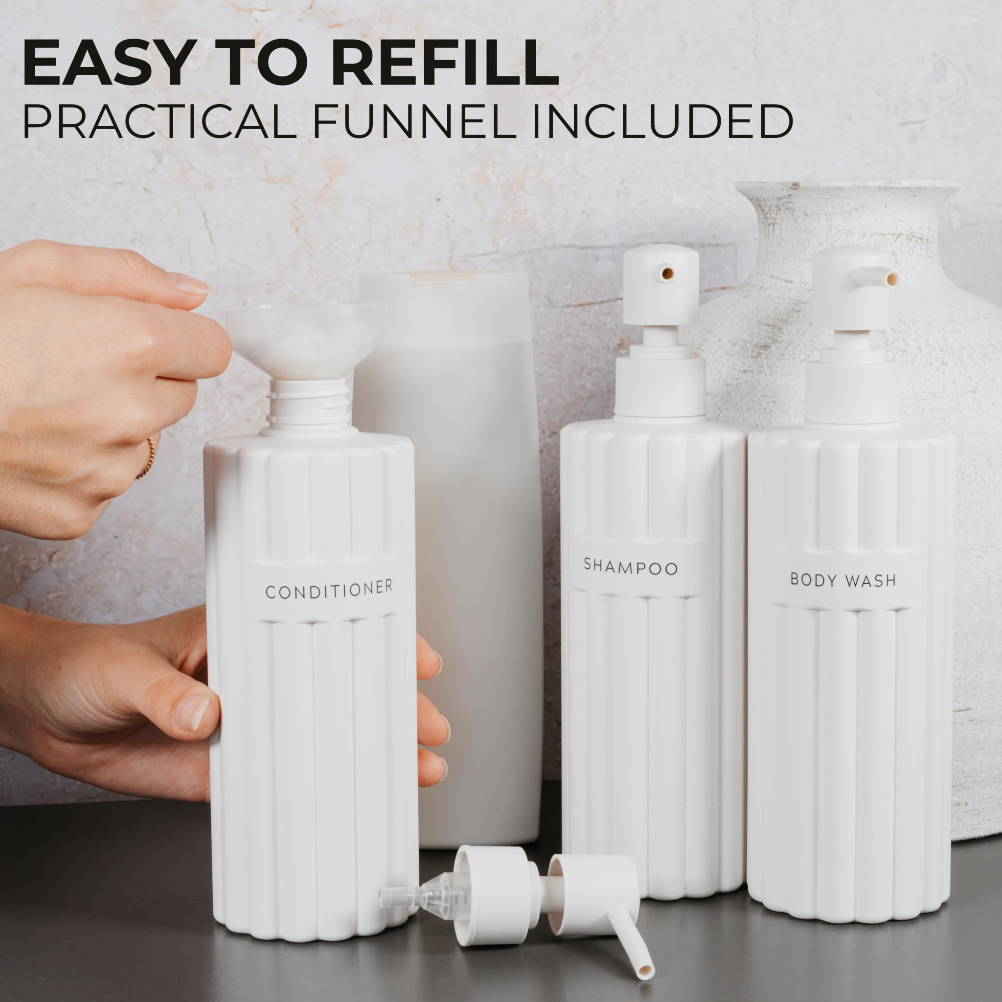 Elegante dispenser per shampoo e balsamo, set da 3 – Moderne bottiglie di sapone da doccia con pompa ed etichette, dispenser per bagnoschiuma facile da riempire per un aggiornamento istantaneo della