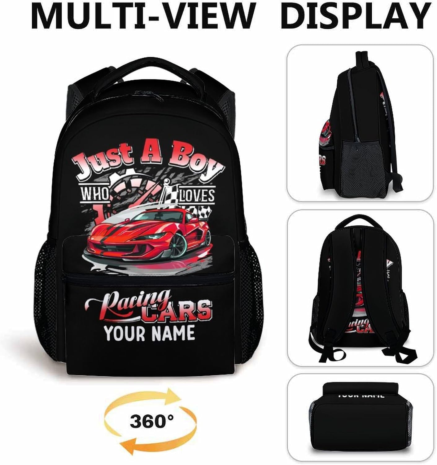 School Backpack for Boys, Personalized with Name Racing Car Backpacks for Students Kids 6-8, 17 Inches Cartoon Bookbag with Pockets for Kindergarten, Primary, Elementary, Back to School Supplies