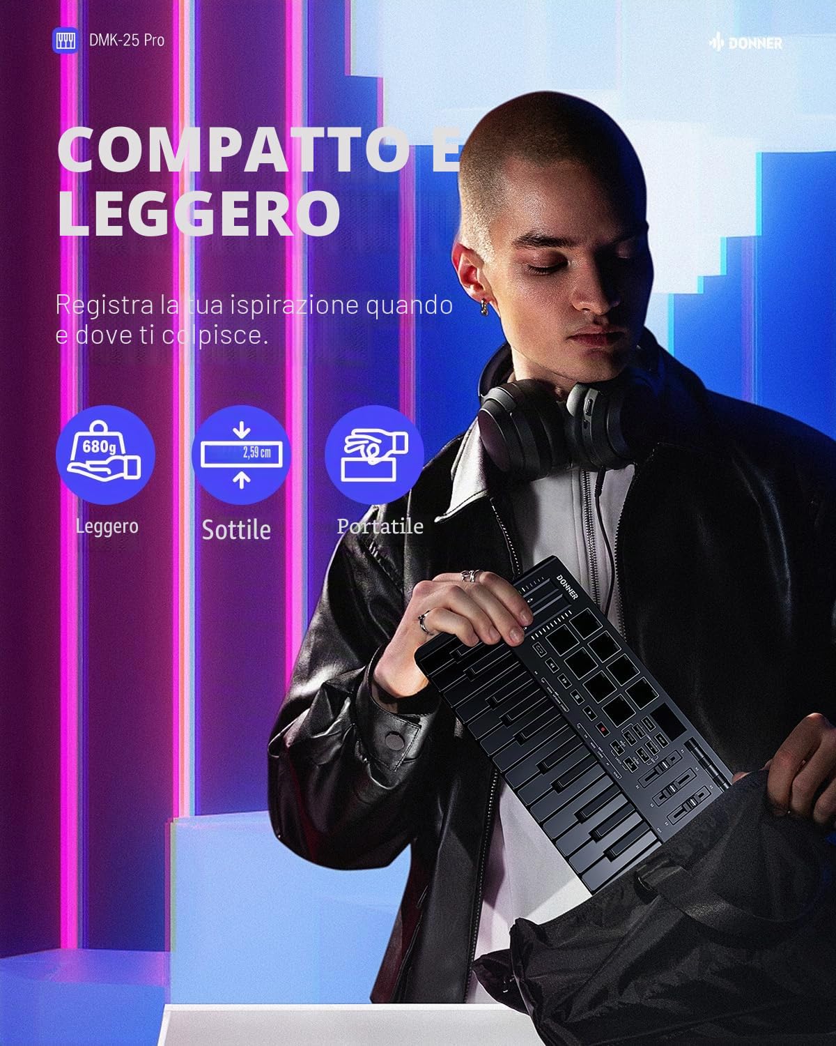 Donner Controller Tastiera MIDI USB-C, Tastiera MIDI Mini Portatile a 25 Tasti con 8 Drum Pad, Display OLED, 16 Scale Smart, Arpeggio, Replay, 4 Software DAW e 40 Corsi Didattici, DMK 25 Pro Nero
