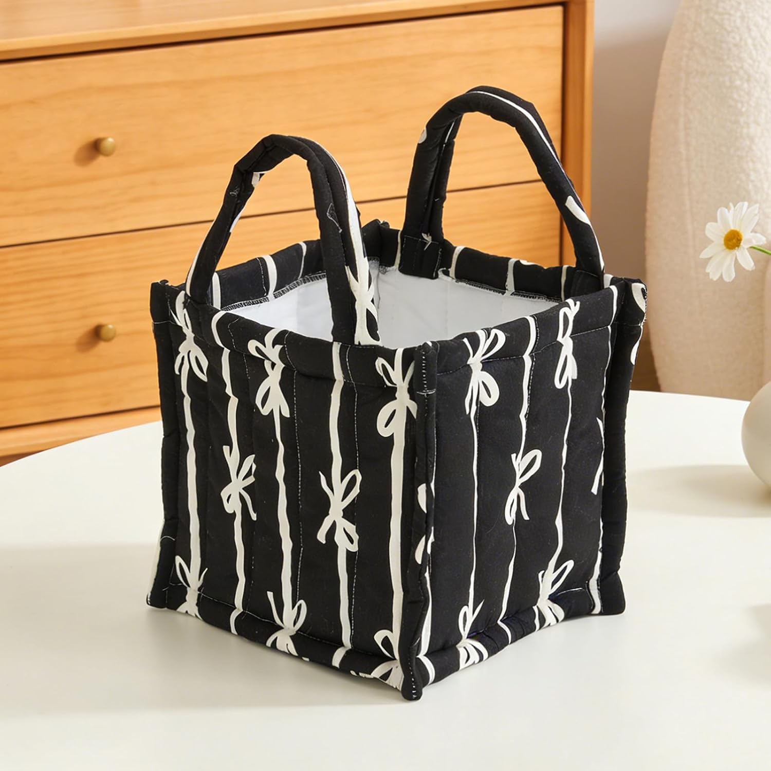 Multipurpose Folding Storage Basket, Cotton Large Capacity Clothes & Toys Bin Organizer for Bedroom Dorm Bow/Animal Pattern Mommy's Toto Bag (Black) image 5