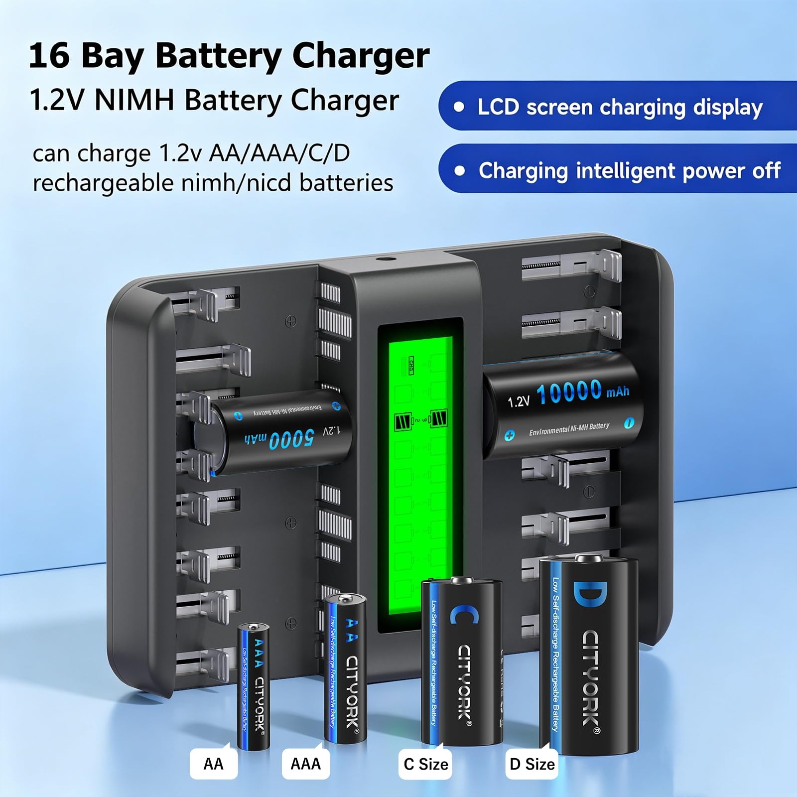 Palo Cargador de batería Inteligente de 12 bahías, AA,AAA,Ni-MH,Ni-CD Cargador de baterías Recargables con Pantalla LCD Inteligente y Descarga y protección IC integrada
