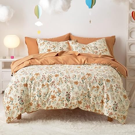 Wake In Cloud - Floral Bedding Set for Girls, Cute Colorful Botanical Flowers Patterned Soft Lightweight Comforter Set with Sheets, 5 Pieces Kids Bed in a Bag, Orange Cream, Twin Size