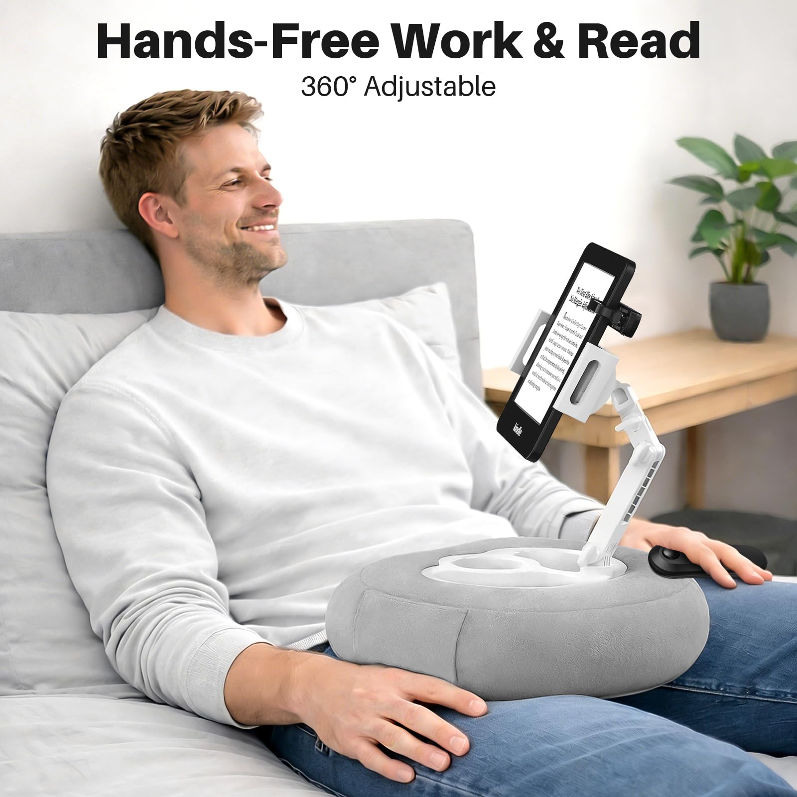 Grauer Kindle-Kissenständer mit schwarzer Fernbedienung, verstellbarer Kindle-Halter für Bett, Sofa, 2-in-1-Ständer und Seitenwender für Kindle/Tablet, weicher Plüsch zum Lesen im Bett