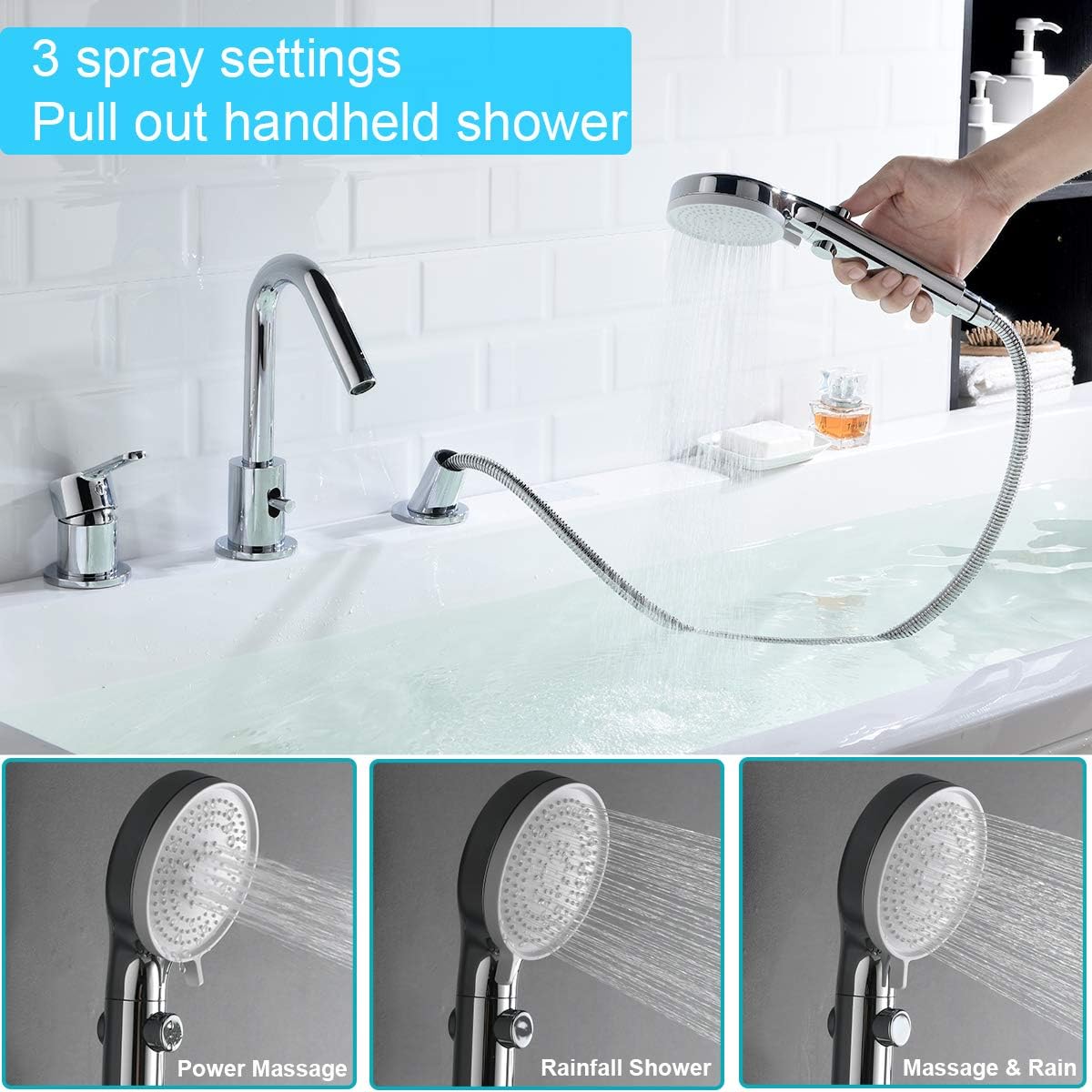 One-Day Sale: Up to 80% Off CREA 3-Hole Bathtub Faucet, Single Handle Widespread Roman Bath Tub Faucet with Pull Out Handheld Shower Chrome