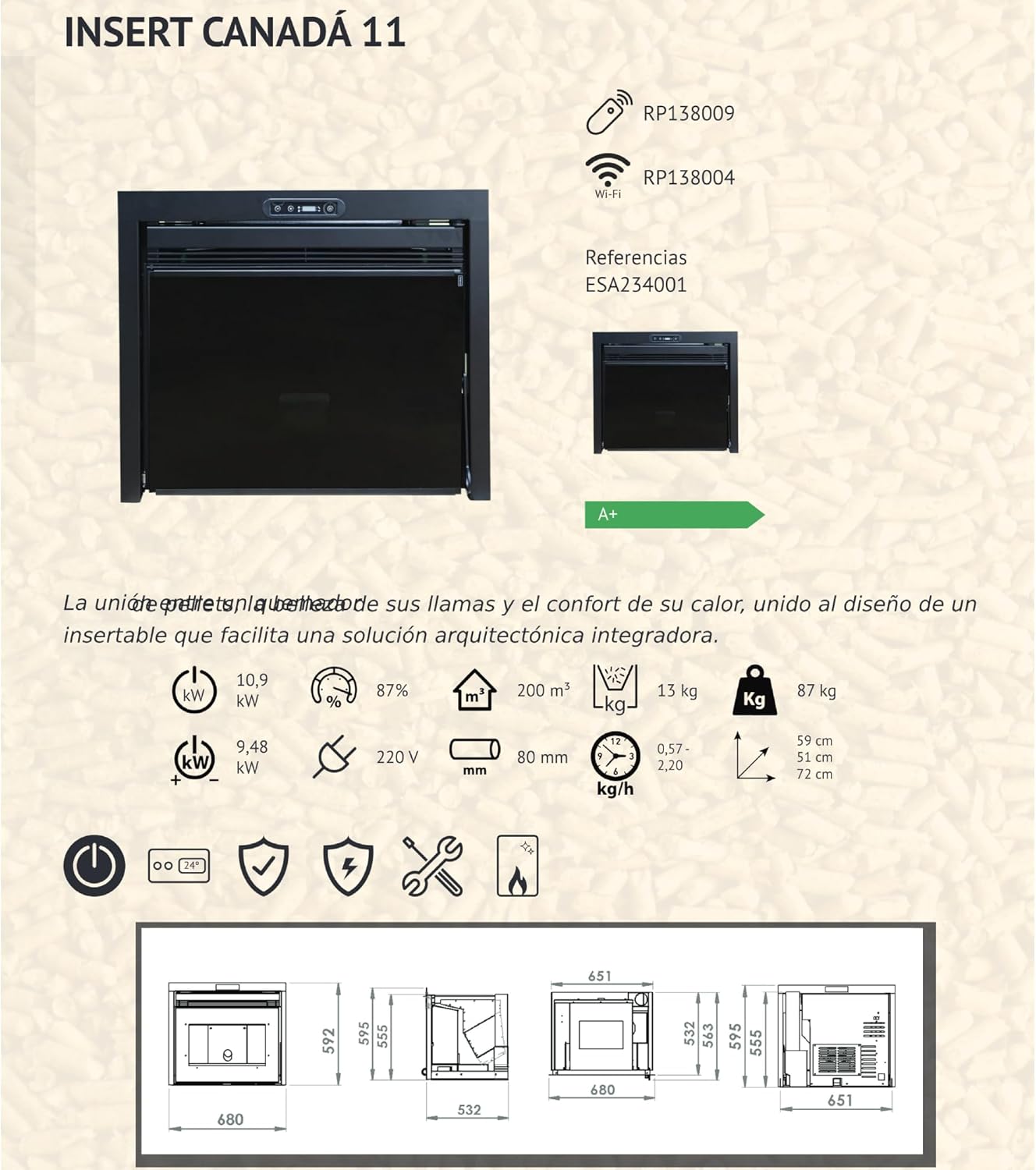 Technical diagram of the pellet stove with dimensions and specifications