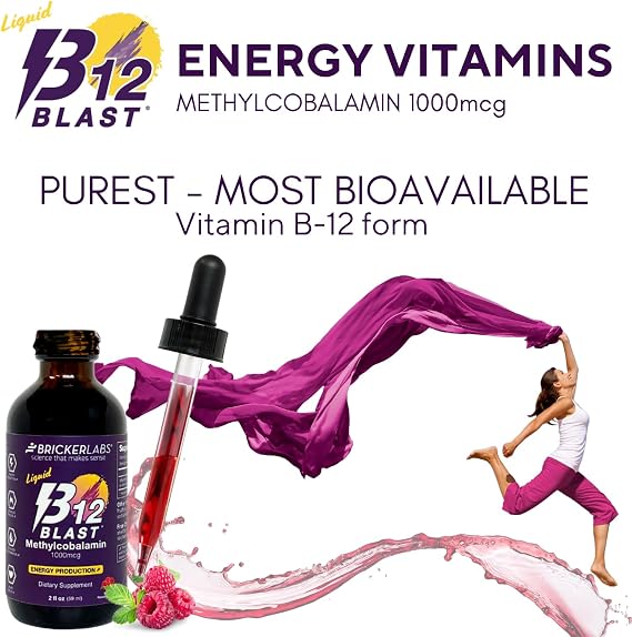 Bricker Labs B12 Blast Methylcobalamin 1000mcg, Great Tasting Sublingual Liquid Energy Vitamins -Vegan B12 Vitamins, Sustained Energy and Cellular Energy Supplement - 59-Day Servings