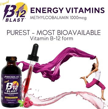 Bricker Labs B12 Blast Methylcobalamin 1000mcg, Great Tasting Sublingual Liquid Energy Vitamins -Vegan B12 Vitamins, Sustained Energy and Cellular Energy Supplement - 59-Day Servings