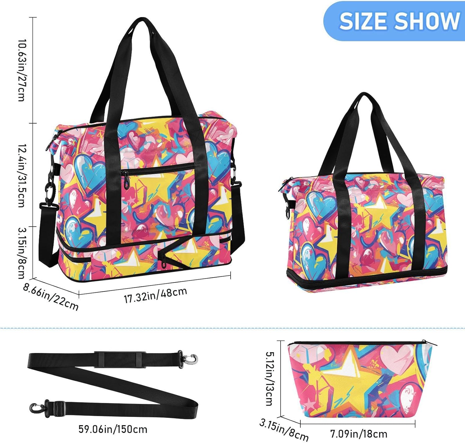 Graffiti art hearts stars sweet Duffel Bags Weekender/Overnight Duffel Gym Sports Duffel Bag with Toiletry Bag for Hiking Large Capacity
