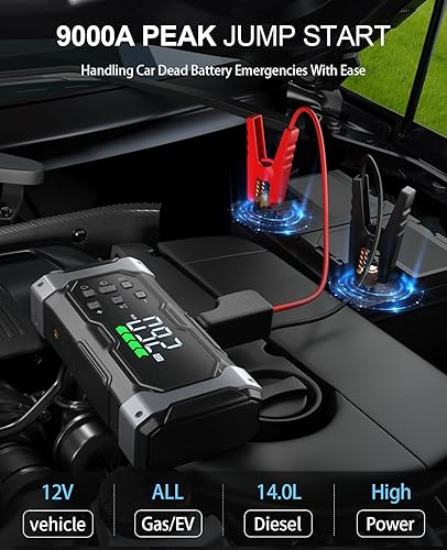Miniatura 2 de Arrancador de 9000 A con compresor de airedeflector de 150 PSI, amplificador portátil de 12 V para automóvil (todo a gas14 L diesel), paquete de