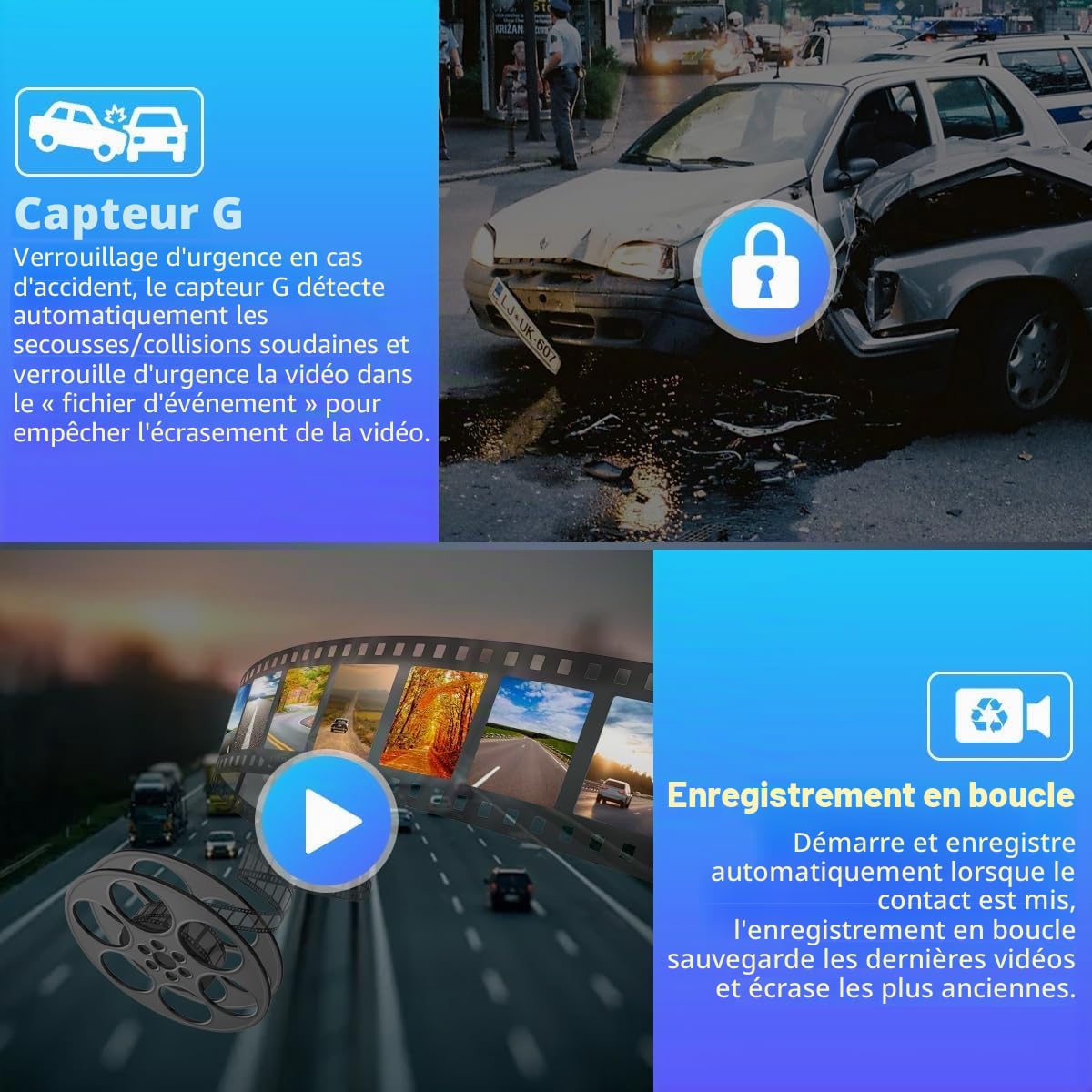Caméra embarquée Avant arrière avec Surveillance du stationnement, caméra 2K + 1080P avec Carte SD 32 Go, détection de Mouvement, Vision Nocturne Infrarouge, capteur