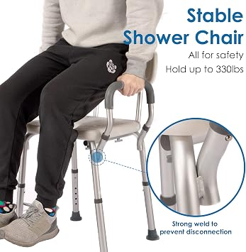 Shower Chair with Arms and Back Heavy Duty 330lbs, Shower Chair for Inside Shower, Shower Seat for Inside Shower Bathroom Chair with Cutout Seat & Cold-Proof Pads, Tools-Free Assembly