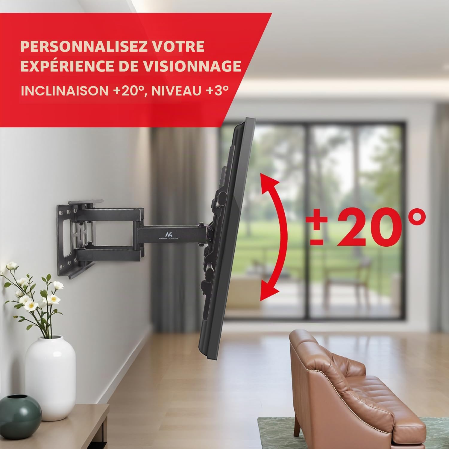Maclean Support mural pour téléviseur de 32 à 85" | Inclinable et pivotant | Charge maximale : 60 kg | Distance au mur : 65 à 390 mm | VESA 200 x 100 - 600 x 400 mm | Pour OLED QLED LCD | Avec niveau
