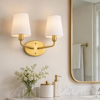 Emak 2-Light Bathroom Vanity Light, Brushed Gold Bathroom Light Fixtures Over Mirror with Flared White Fabric Shade, Modern Wall Sconce for Bath, Mirror, Hallway, VL132-BGD-WF-2