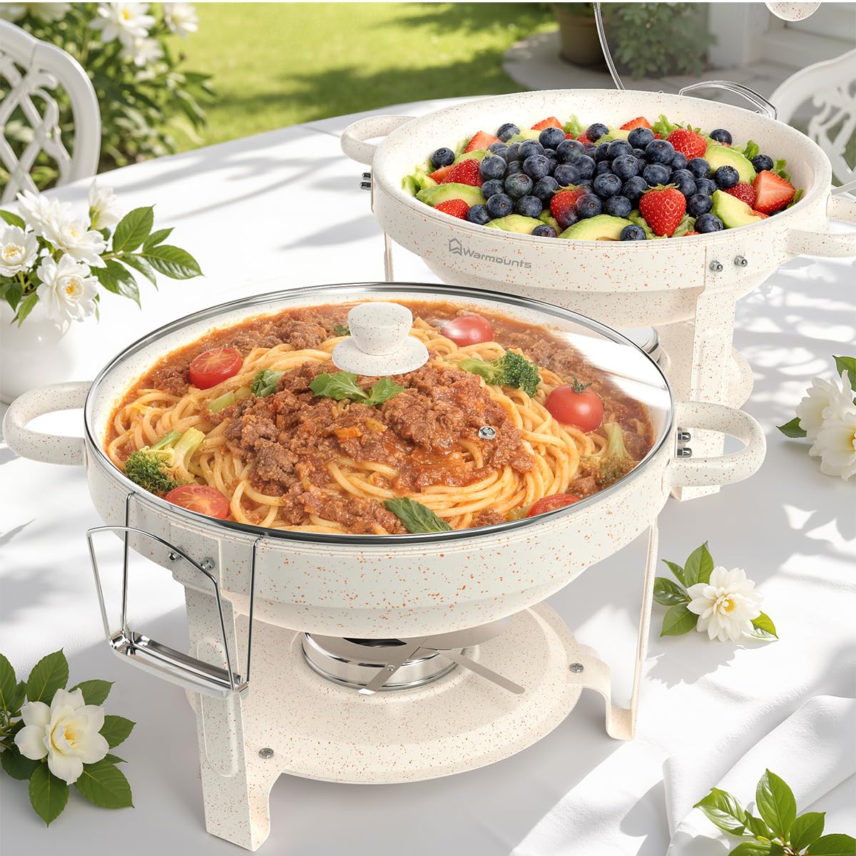 WARMOUNTS White Chafing Dish Buffet with Glass Lid 5L 2 Pack, Maifanite-Coated Round Food Warmers Set w/Mirror-Polished Stainless Steel, Rolled Rim Stackable Chafers with Lid Holder for Party, Wedding