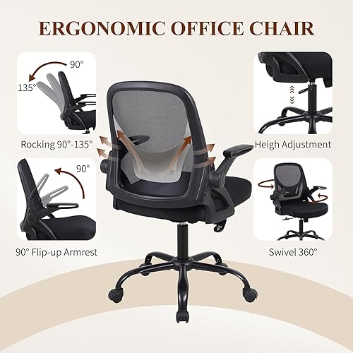 Miniatura 6 de Silla de escritorio para computadora de oficina en casa, silla de trabajo ergonómica de malla de altura ajustable con ruedas, cojín grueso,