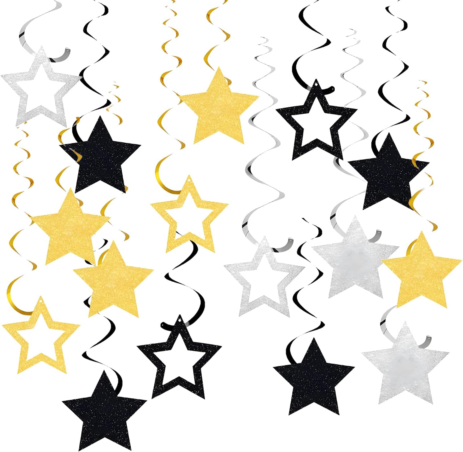 Black and Gold Party Decorations Star Hanging Swirls Garland Glitter Paper Stars Foil Streamers for Ceiling Birthday Party Decor 16 Pcs