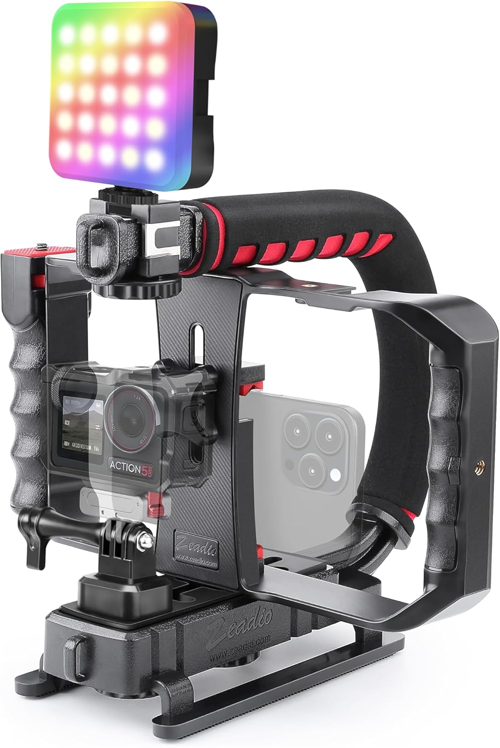Zeadio Camera Stabilizer Kit, with Smartphone Video Cage Rig and RGB Video Light, for All Camera Action Camera DSLR Smartphone